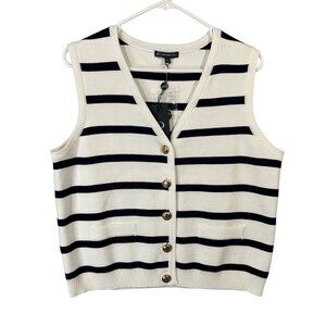 Adrianna Papell Women's Large Ivory & Black Stripe Buttoned Sweater Vest NWT